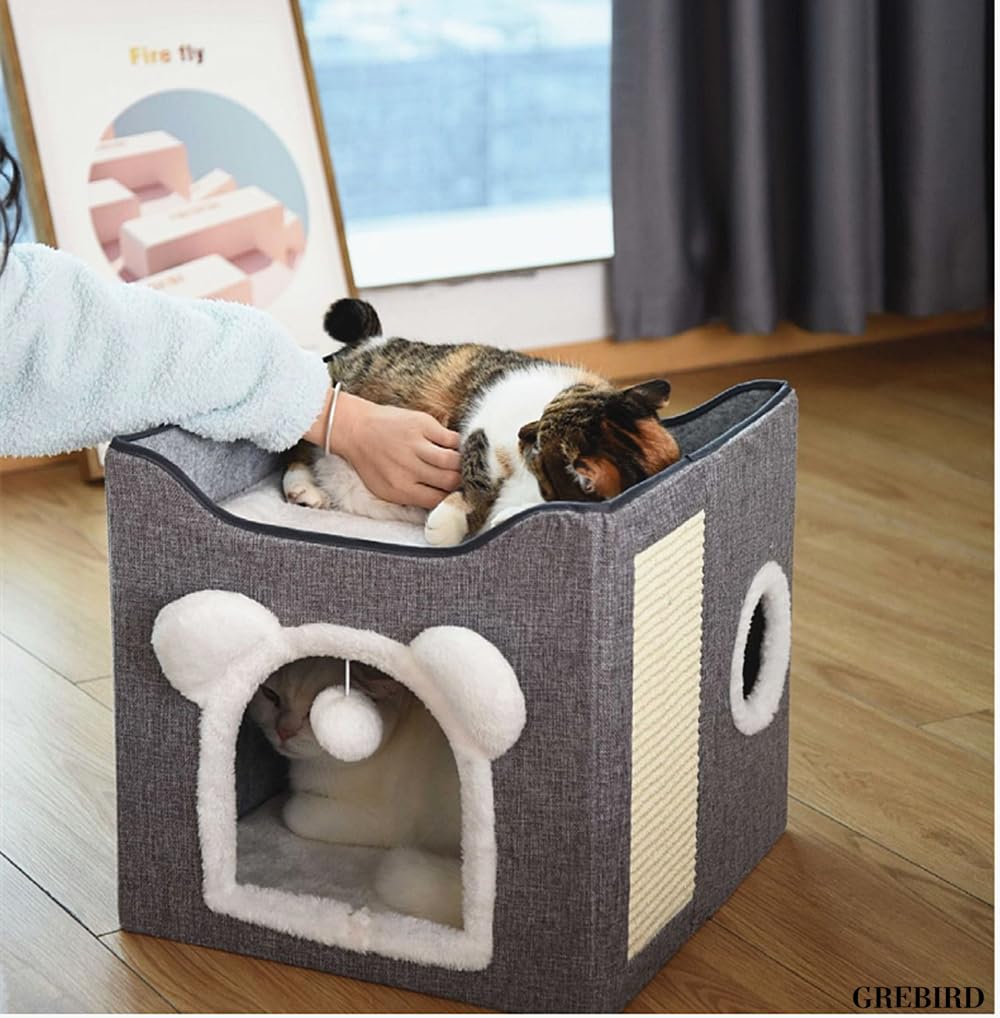 منزل للقطط من جريبيرد، سرير للحيوانات الاليفة قابل للطي مع وسادة خدش وكرة معلقة وكهف مخبأ، عش مكعب للقطط الصغيرة، شقق برج القطط، بيت نشاط للقطط وسرير الحيوانات الاليفة المغطى ومركز لعب مقعد القطط