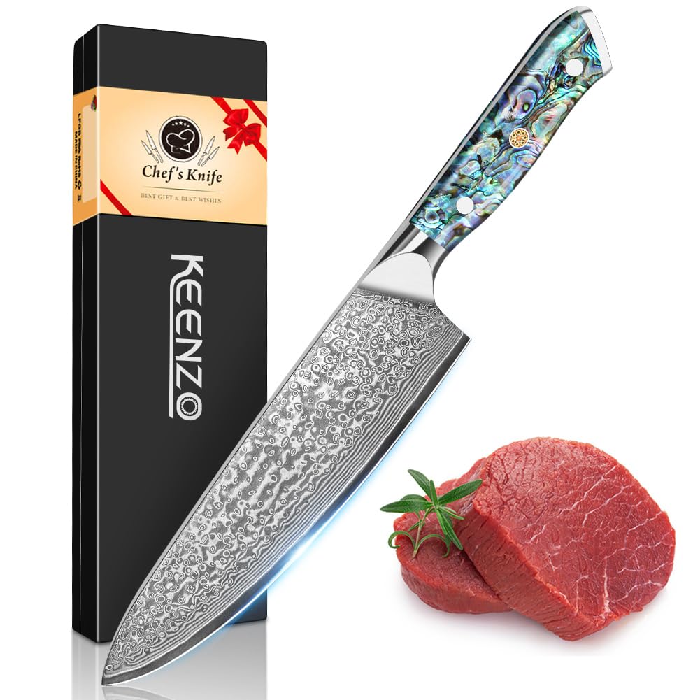KEENZO 3PCS Kitchen Knife Set,Professional kitchen knives with 8" Chef knife,7" Santoku knife,5" Utility Knife,Japanese Hand Forged Damascus Steel Cooking knife set,Ergonomic Abalone Shell Handle — Amazon image 15