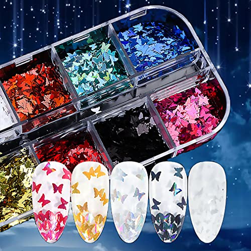Flowornament Glitter Butterfly Nail Stickers Nail Decorations For Nail Art Nail Accessories Nail Art Supplies Butterfly Fluorescent Glass Paper Holographic Nail Glitter For Make Up Diy 12 Grid #TOP4