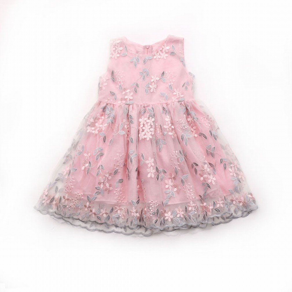 Vestiti da Principessa Ricamati da Ragazza, Abiti Estivi da Bambina, Gonne a Fiori in Pizzo,Rosa,110 Centimetri