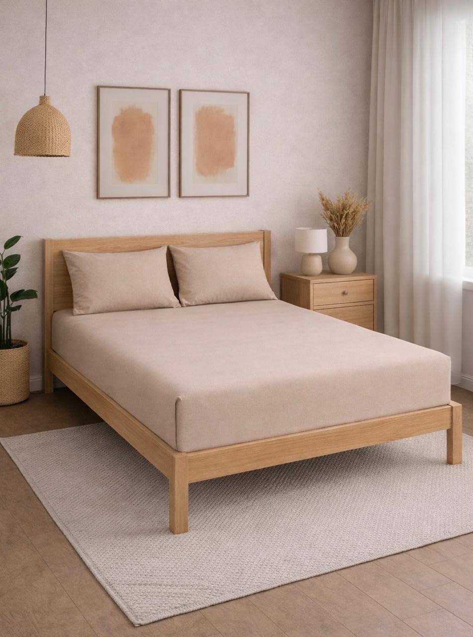 THE HOME STYLE Solid Plain Cotton Feel Fitted Bedsheet (72x78 inches) with Reversible Comforter (90x100 inches) | King Size | 2 Pillow Covers | 300 TC | 4-Piece Bedding Set (Sand)