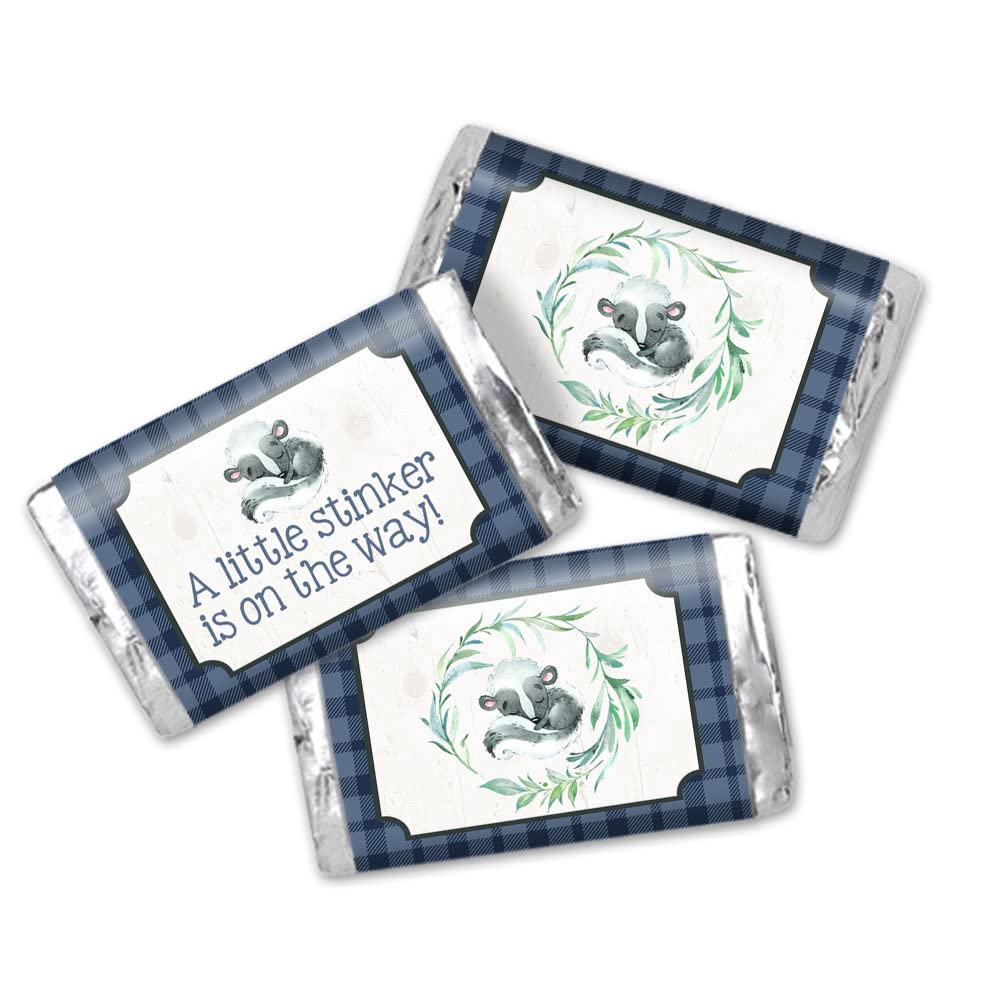 Amanda CreationLittle Stinker Cute Skunk Boy Baby Sprinkle Baby Shower Mini Chocolate Candy Bar Sticker Wrappers, 45 1.4" x 2.6" Wrap Around Labels , Great for Party Favors