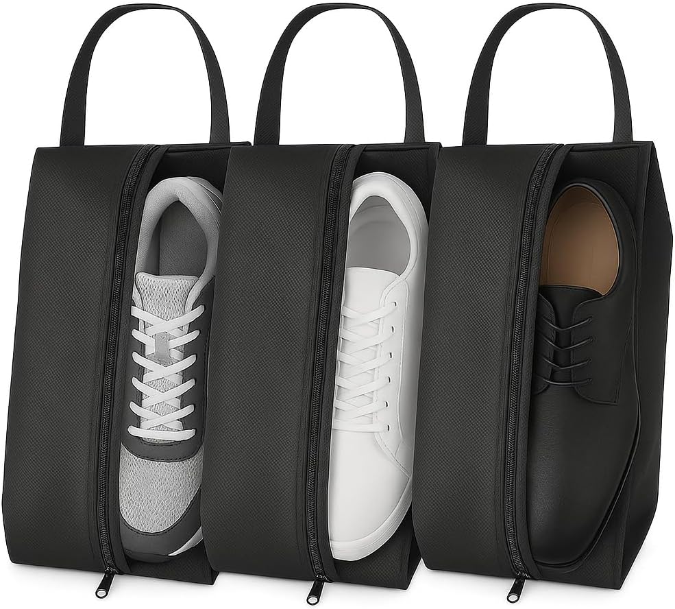 Shoe Bag for Travel, Gym & Sports – Water-Resistant Shoe Bag Cover/Pouch with Transparent Mesh Panel, Durable Zipper & Carry Handle – Fits Men’s Size 12 – Keeps Clothes Clean & Odor-Free | Pack of 3
