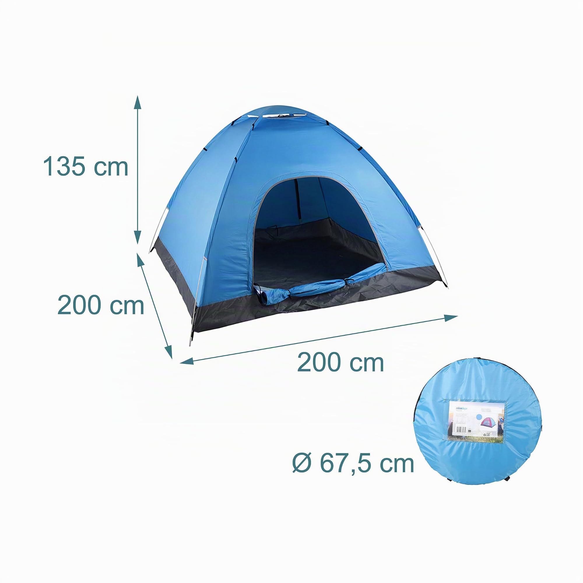 Relaxdays Tente de Camping Pop-up 2-3 Personnes, Hydrofuge, HxlxP 135x200x200 cm, randonnée et Festival, Bleu