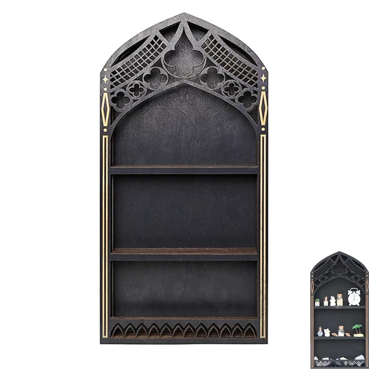 Gothic Window Crystal Shelf Display for Wall, Wooden Gem Stone Rock Storage Holder Trinkets Organizer,Wall Mount Stand Case Box for Witch Wiccan Decor,Decorative for Home Bedroom Living Room