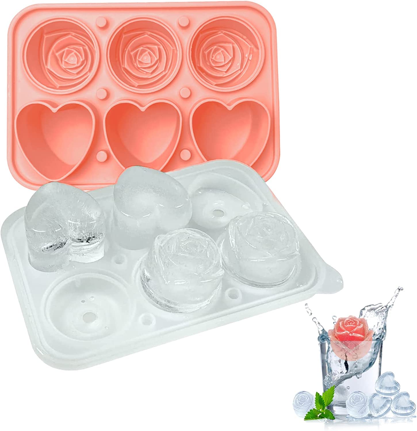SYOSI Rose Ice Cube Mold Large Ices Cubes Tray, Silicone Basketball Flower Heart Candy Chocolate Molds for Party Mothers Day Valentines Coffee Homemade Juice Pink