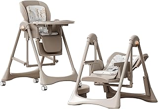 Magic ZC 2-in-1 Dining Mode and Swing Mode Baby High Chair Toddler Feeding Dining Chair, Convertible with Detachable Double Trays and Wheels, Multifunctional Foldable (8121 Khaki)
