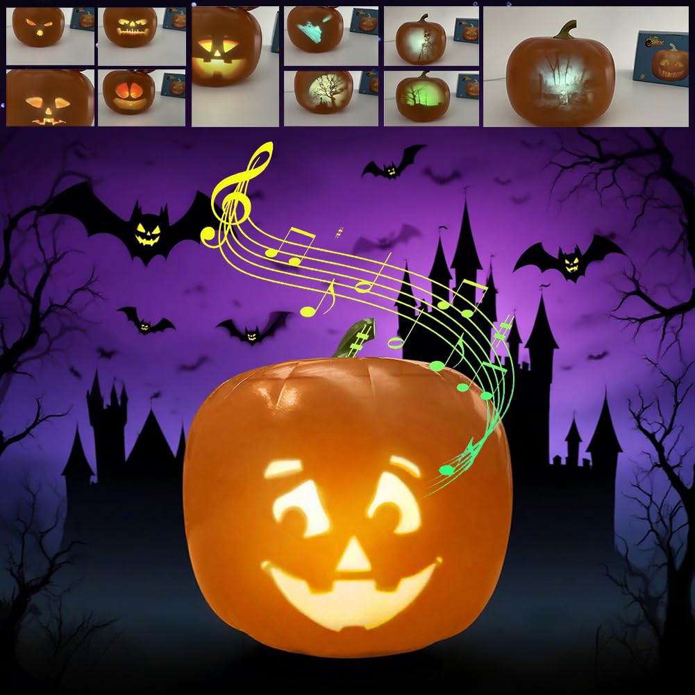 Demiawaking Sprechende und Singende Kürbis, Animierter Kürbis mit eingebaut Projektor-Lautsprecher, LED Nachttischlampe, Halloween Deko, Halloween Kürbis mit Sound (A)