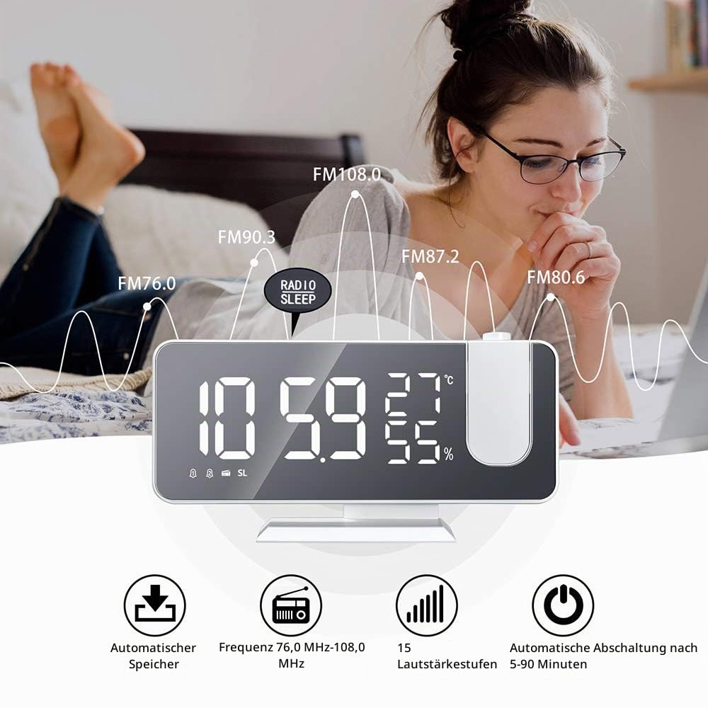 Projektionswecker, digitaler LED-Wecker mit Spiegelfläche, USB-Ladeanschluss, Wiederholung, Dual-Alarm, FM-Radio, 3 Dimmmodus, Luftfeuchtigkeit der Temperatur, Einstellung 12/24 Stunden