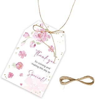 50pcs Rose Thank You Tags, Watercolor Floral Gift Tag with String for Wedding Party, Rose Thank You Paper Tags for Bridal Shower/Engagement Party Favors