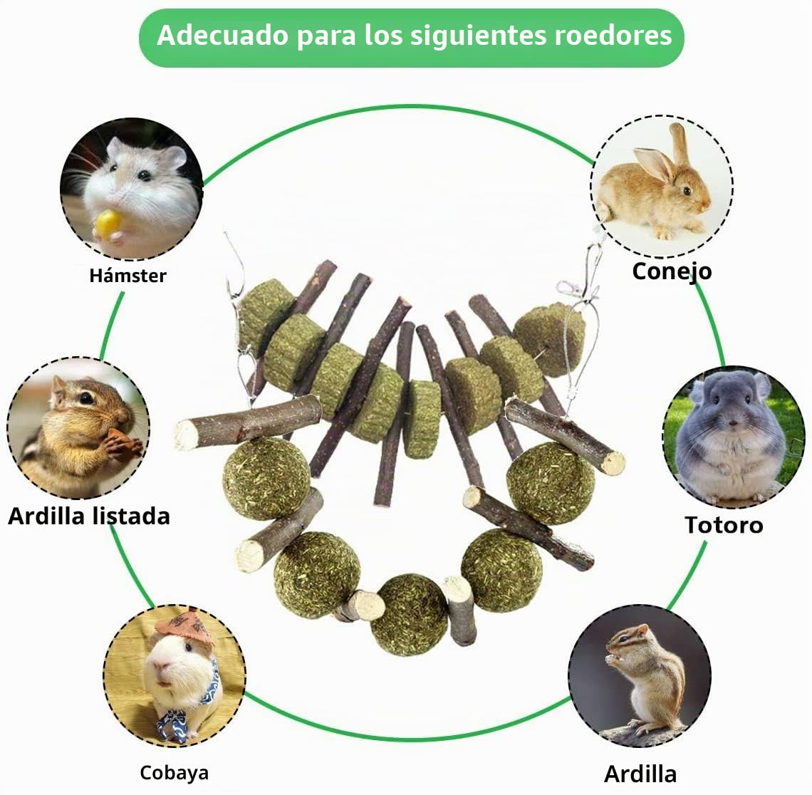 Juguete Masticable para los Molares para Conejito, 2 Piezas Juguete de Dientes de Molienda Bolas de Heno de Timothy y Palitos de Madera de Manzano para Hámster Chinchilla Cobayas