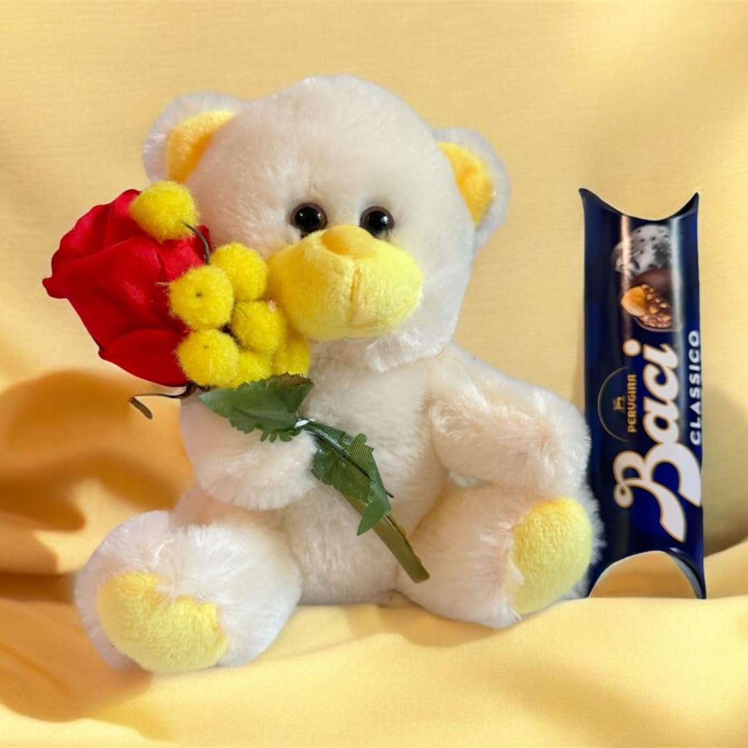 NARAMAKI® Idea Regalo Uomo Donna - Orsacchiotto Giallo + Rametto Mimosa + Rosa Artificiale + Baci Perugina 37,5gr | Regalo Compleanno