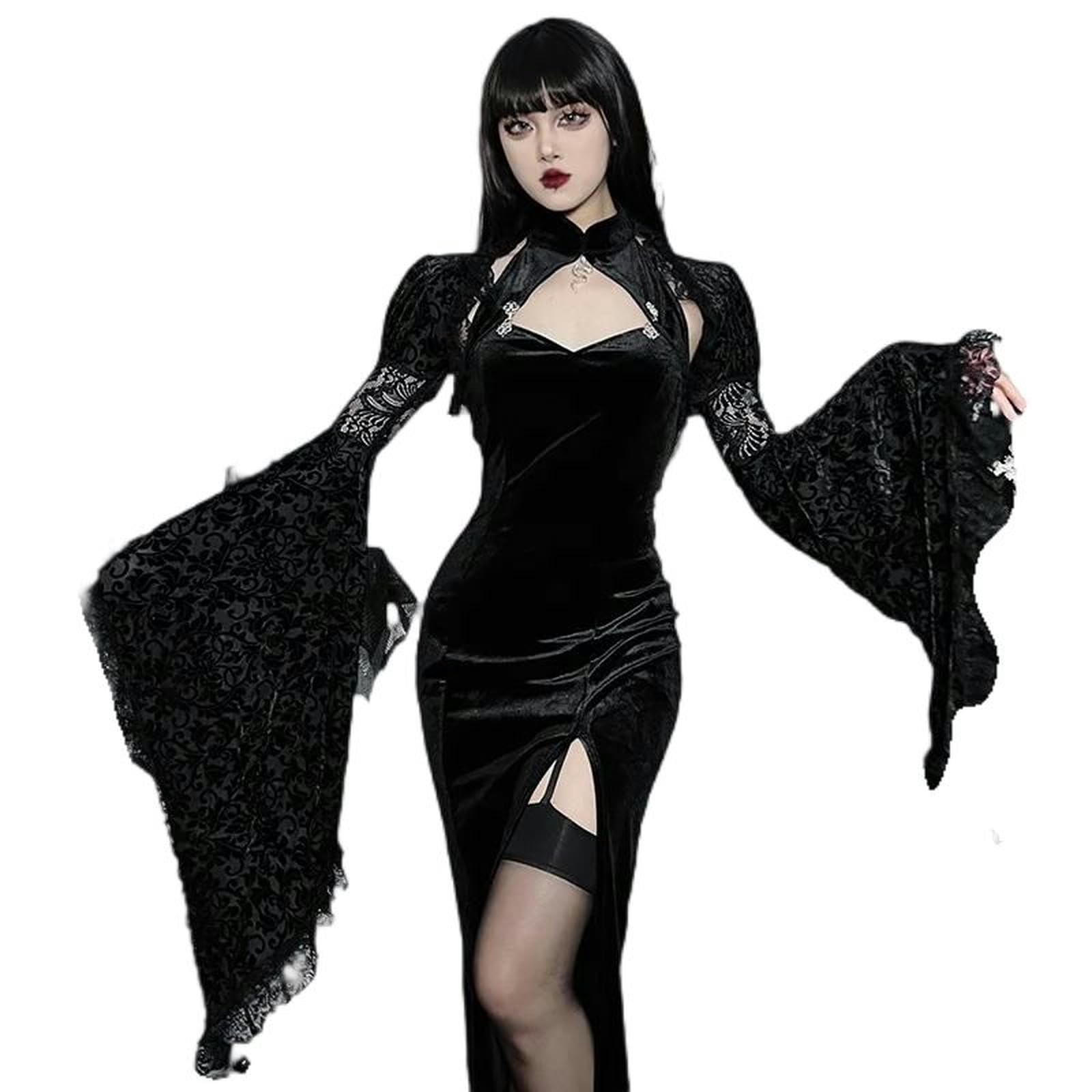 Goth Hollow out Crop Tops Donna Mezza Camicia Ma Svasate Pizzo Smock Top Punk Cover Up Stile Cappotto-Nero-S