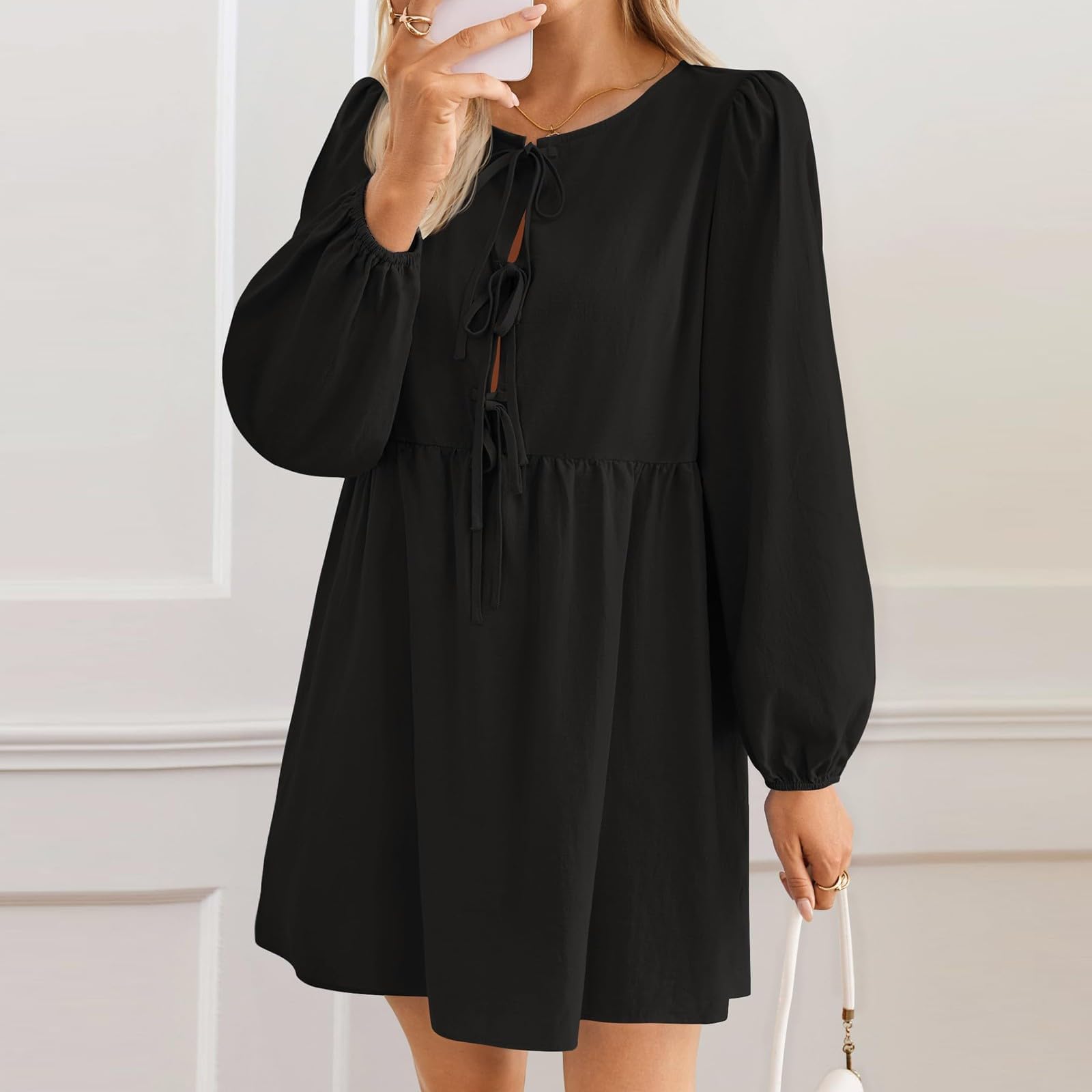 Robe Mini péplum à Manches Longues Bouffantes et nœud Papillon sur Le Devant pour Femme, Robes d'automne,Robe Courte à Volants en Ligne A, Robe Tunique Fluide Mignonne (Black,L)