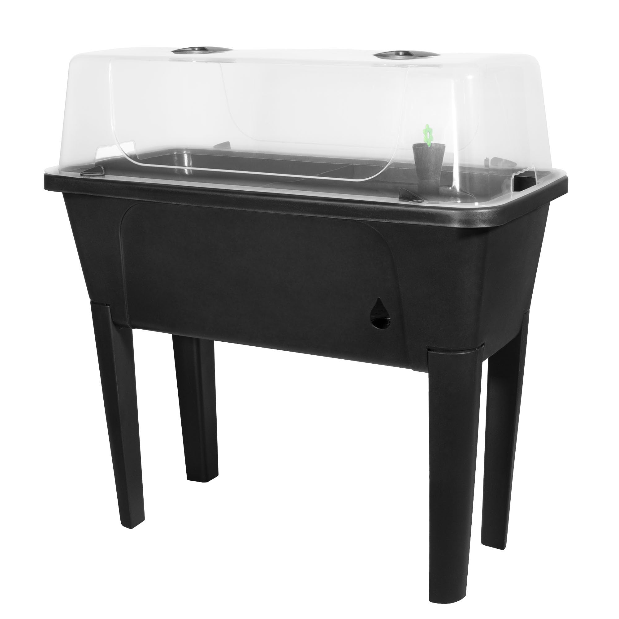 Garden Elements Cama de jardín elevada negra de 29.5 x 15 pulgadas, maceta de riego automático con cúpula de cultivo ventilada para verduras, hierbas y semillas en interiores y exteriores