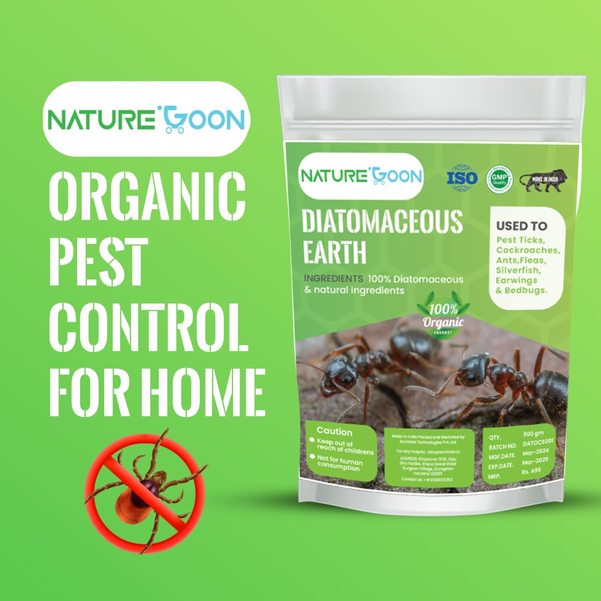 Naturegoon Diatomaceous Earth Powder (900gm) | 100% Organic and Natural | Safe and Organic Pest Control for Your Garden and Home| Used as Dog Powder for Prevention of Fleas Around Dogs. (900gm) 1