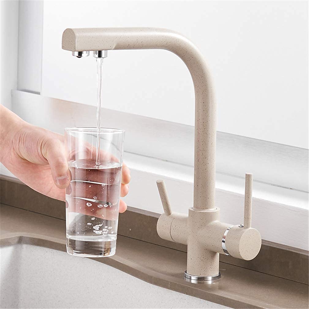BHFPFZA 3-Way Kitchen Faucet with Drinking Water Filter 360° Swivel Dual Handle Mixer Tap Deck Mounted Design Aerator Included Perfect for Home & Kitchen Use