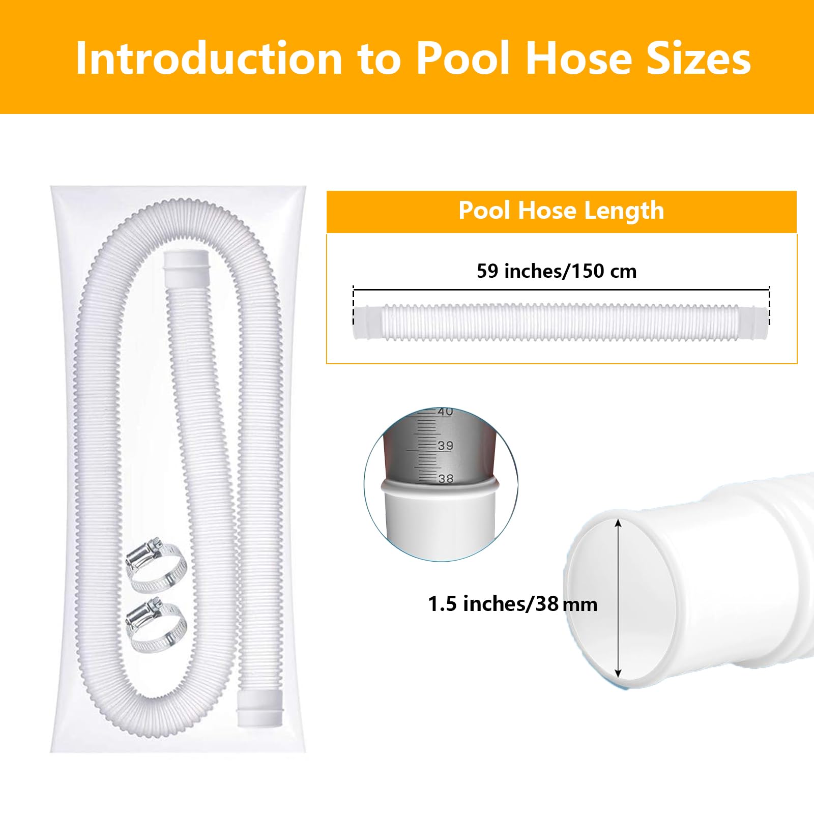 Lot de 2 tuyaux de piscine de 3,8 x 150 cm pour filtre à sable de piscine hors sol, avec 4 colliers de serrage (blanc)