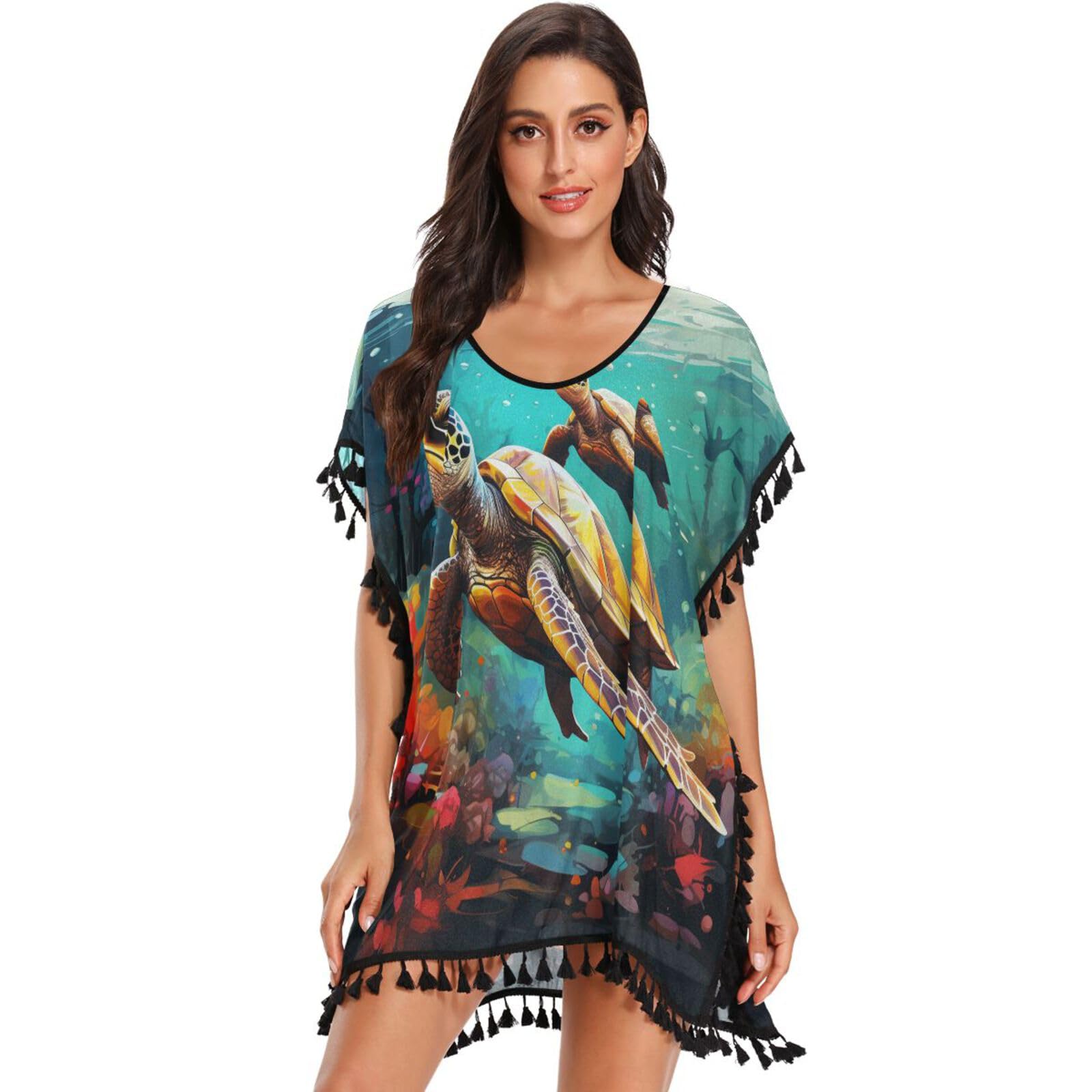 Colorful Sea Turtles Art Women's Beach Cover Up Chiffon Tassel Swimwear Swimsuit Coverups for Girl