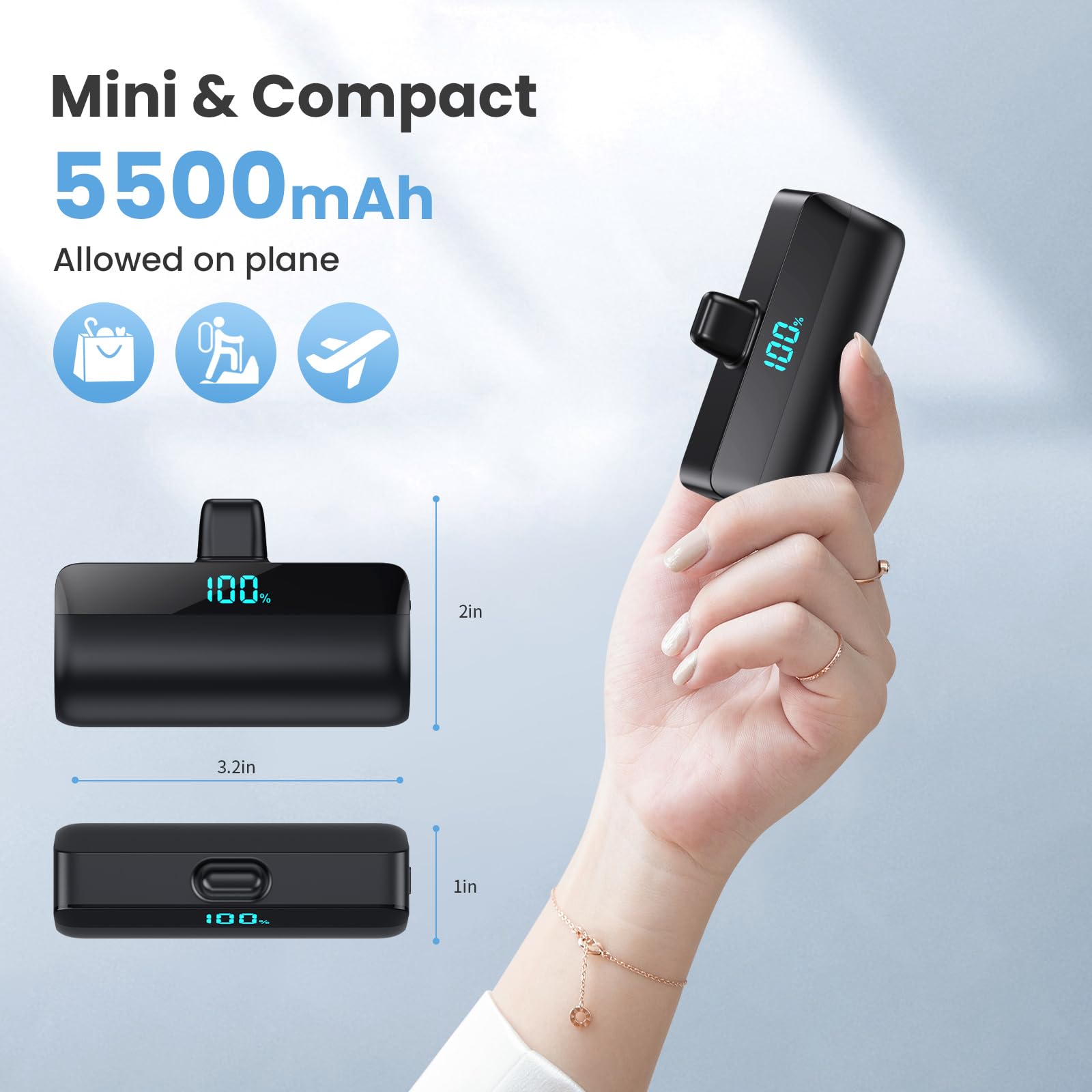 Mini caricabatterie portatile per iPhone serie 17/16, 5500 mAh PD, ricarica rapida USB C, batteria essenziale da viaggio per iPhone 17/17 Pro Max/16/15 Series Galaxy Android, nero + nero, confezione