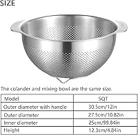 Vista 3 de 18/8 Stainless Steel Microwell Colander, 5QT Large Capacity with Handle Kitchen Food Strainer5QTColander+5QT Mixing bowl)
