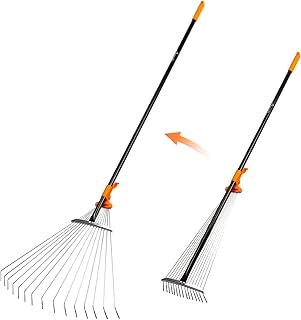 Rastrillo de hojas para césped, rastrillo de jardín ajustable para hojas con mango largo, 61 pulgadas