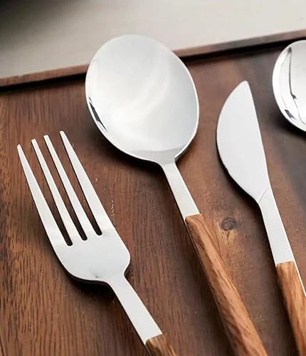 Miniatura 7 de Juego de cubiertos de 60 piezas con mango de madera para cubiertos de acero inoxidable 12, 1810, juego de cocina para comer en casa para vajilla