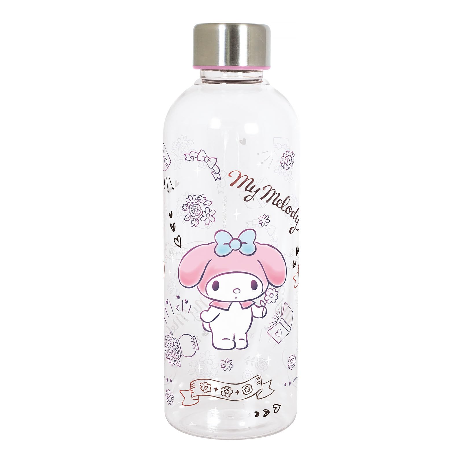 Elbenwald Water Bottle - Winnie the Pooh, Zelda, Kuromi, Wednesday and More, 850 ml, Clear Plastic, BPA Free, 23 cm Tall (Hello Kitty & Friends - My Melody) — image 1