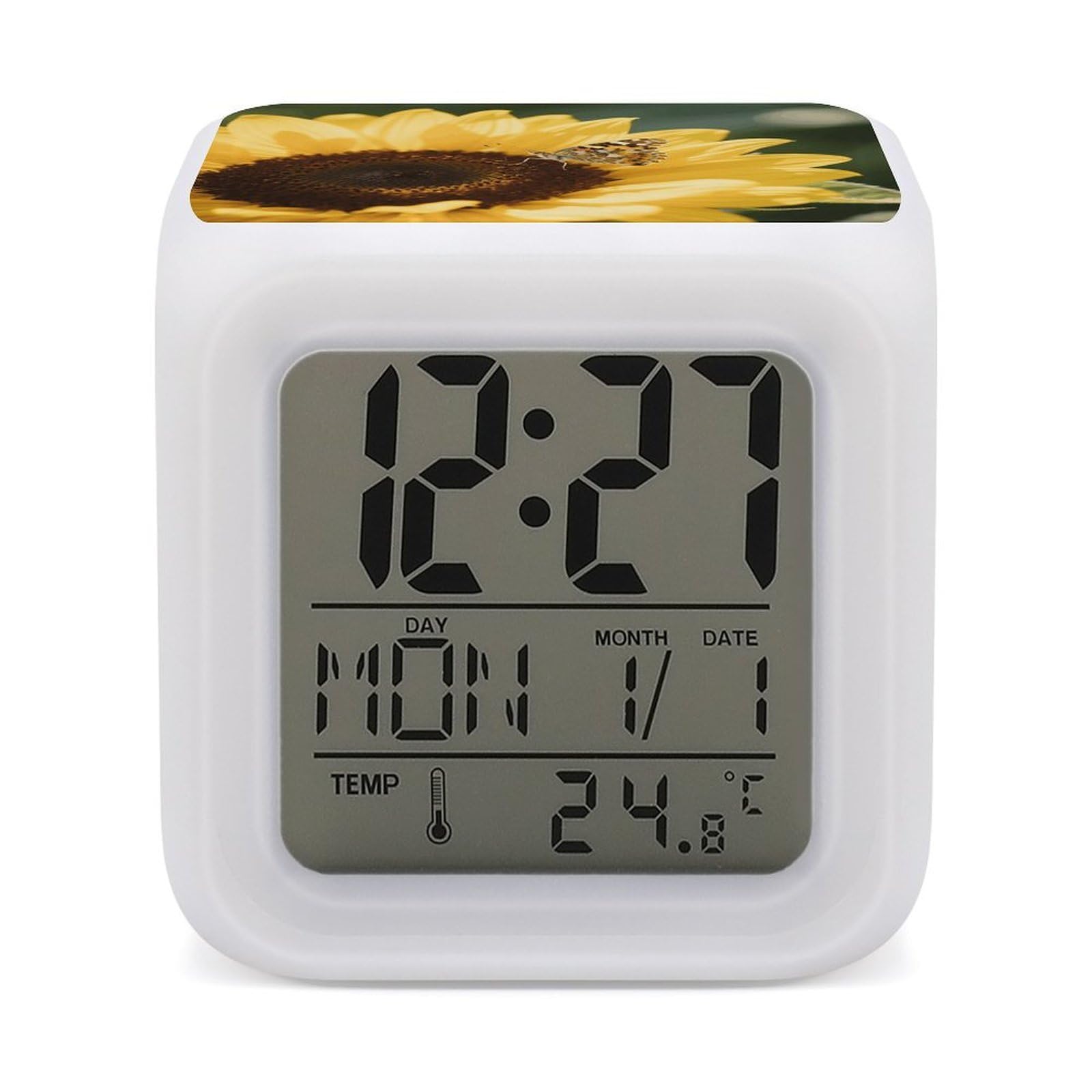 VstaDank Sunflower Alarm Clock with Date Temperature Large LED Display Number Clocks with 7 Colors Changing Desk Clock Battery Operated Digital Clocks with Date for Heavy Sleepers