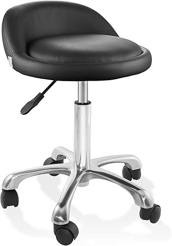 Miniatura 8 de Saloniture Taburete hidráulico rodante con respaldo bajo  Silla giratoria ajustable para spa, tienda, salón, masaje u oficina médica, color crema