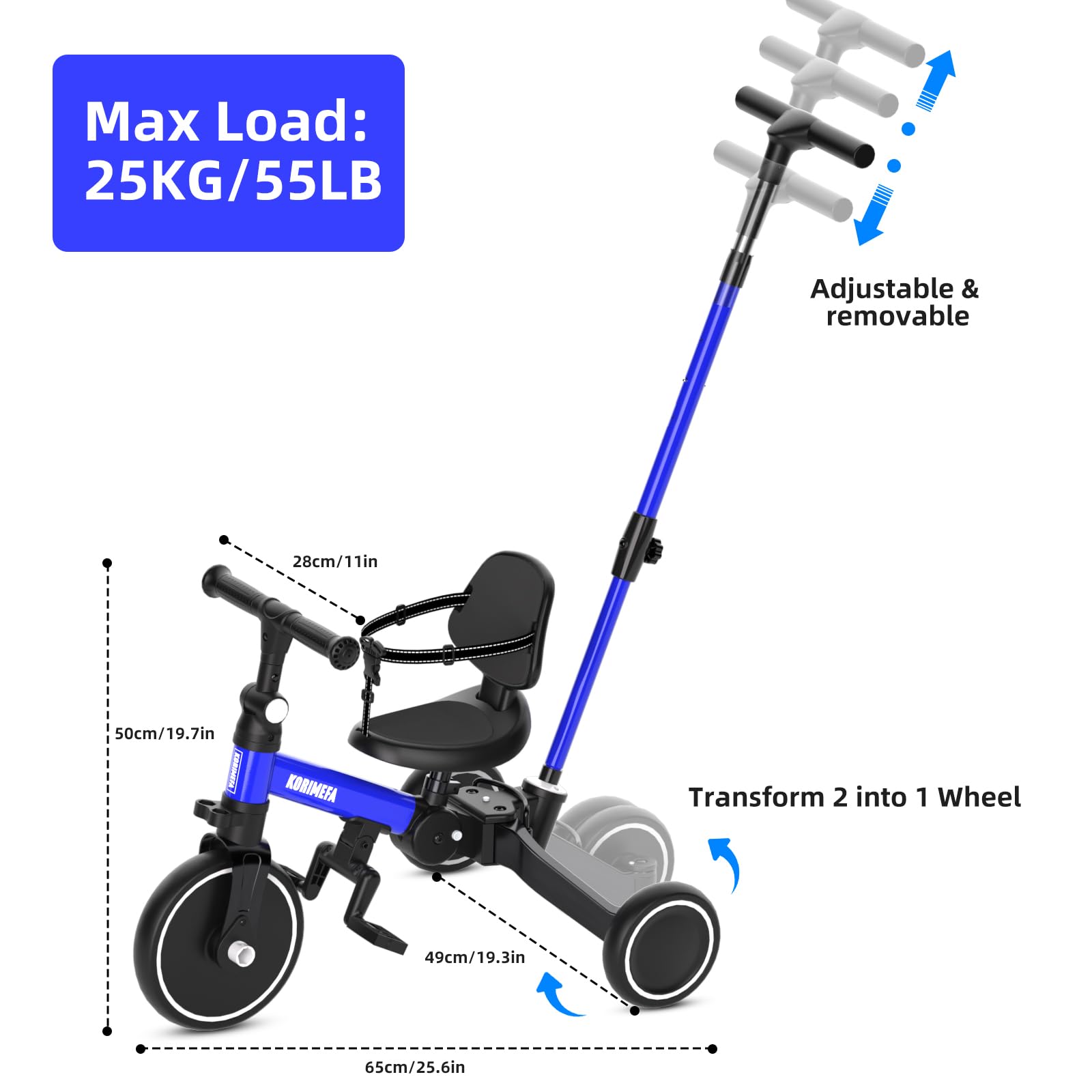 KORIMEFA Bicicletta per bambini, Triciclo a 3 ruote per bambini da 1-3 anni,maniglia di spinta, pedale rimovibile,schienale,maniglia di guida per i genitori,Natale per il primo compleanno (Blu)