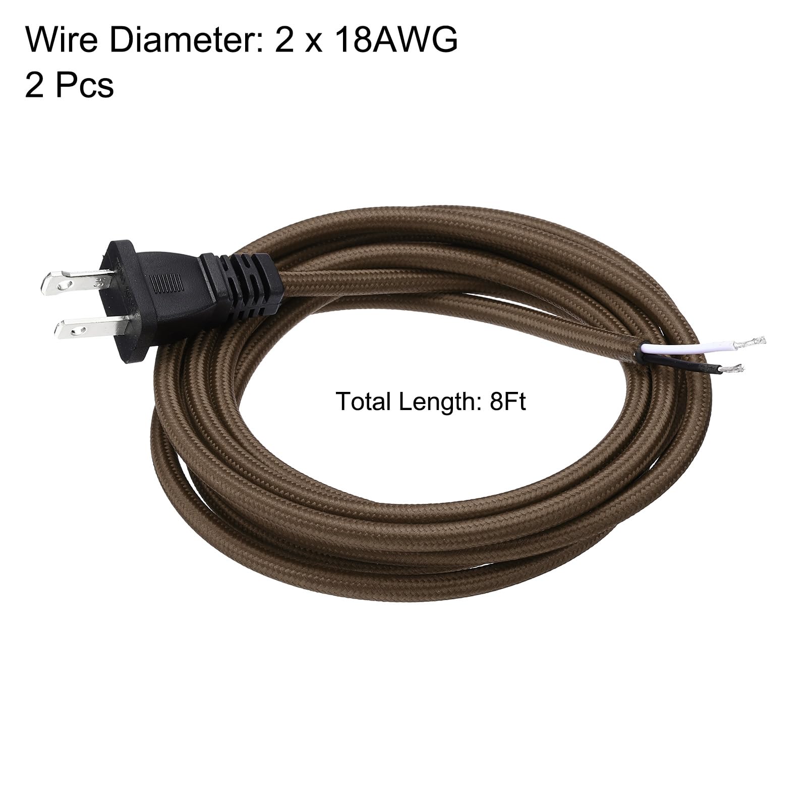 uxcell 8Ft 18/2 Cloth Covered Lamp Cord with Plug, 2 Pcs Vintage Electrical Lamp Cord with Stripped Ends for Extension Wiring DIY Repairing, Brown
