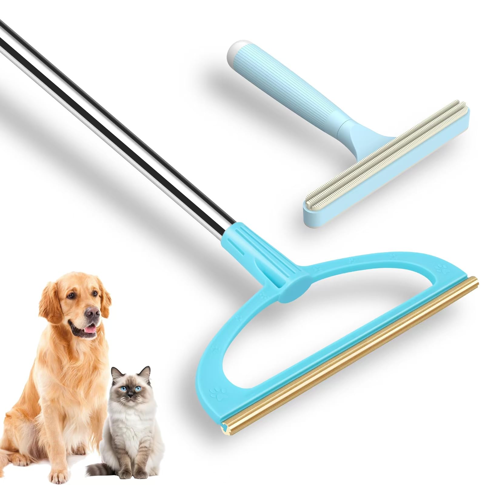 Carpet Rake for Pet Hair Removal, Reusable Pet Hair Removal Tool 56” Adjustable Long Handle Pet Hair Removal Broom, Cat Dog Hair Remover Carpet Brush Scraper for Rugs, Mats, Couch (Sky Blue)