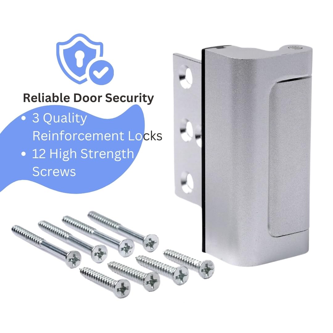 A-Four - Cerradura de refuerzo de puerta de seguridad para el hogar, 3 unidades, aleación de aluminio duradera, soporta 800 libras de fuerza, cerraduras de seguridad para puertas familiares y niños