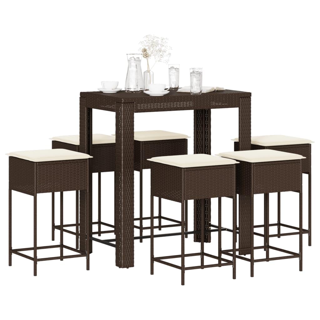 Juego de Bar de jardín de 7 Piezas con Cojines, ratán PE marrón Resistente, Estructura Acero, Mesa 100x60,5x110,5 cm, 6 taburetes con Funda Lavable para terraza, Patio y Porche