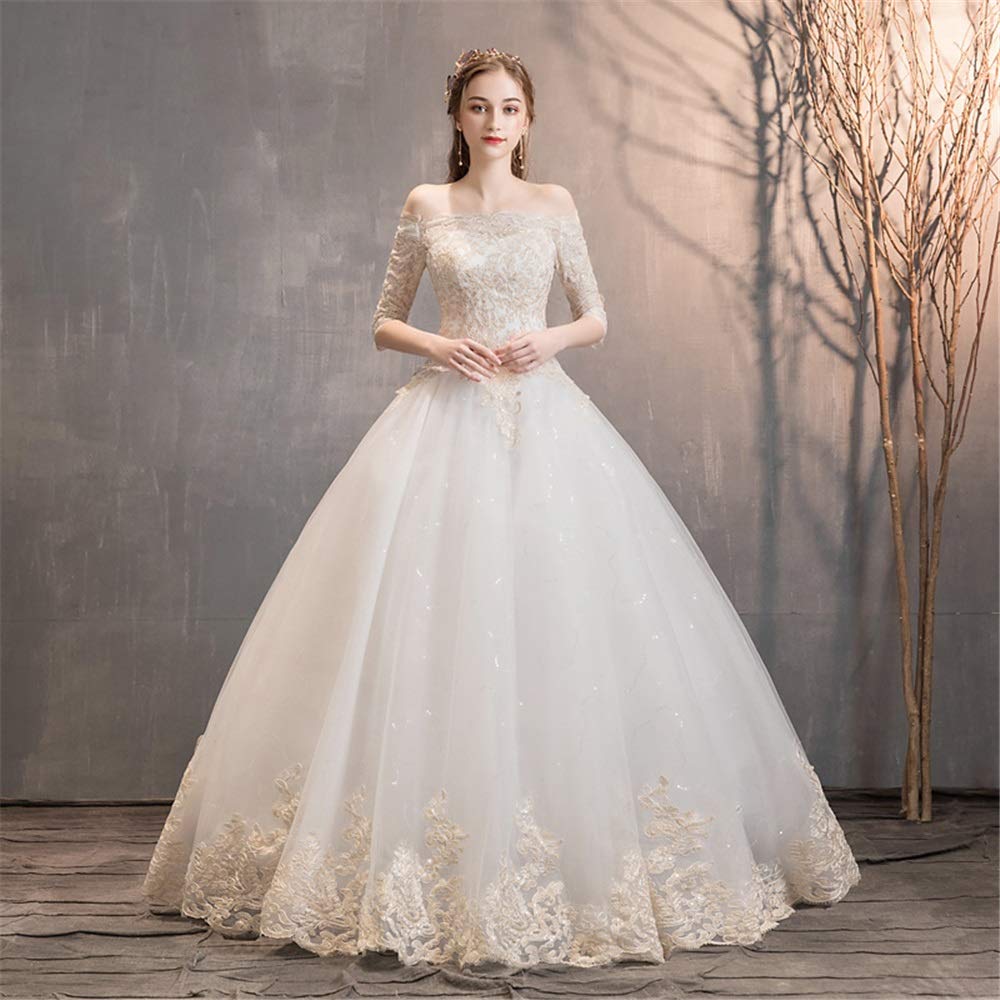 Vestido de Novia Y Dama de Honor Vestido de Noche Femenino de Manga Larga Bordado de Chiffon de Cintura Alta, Blanco, m