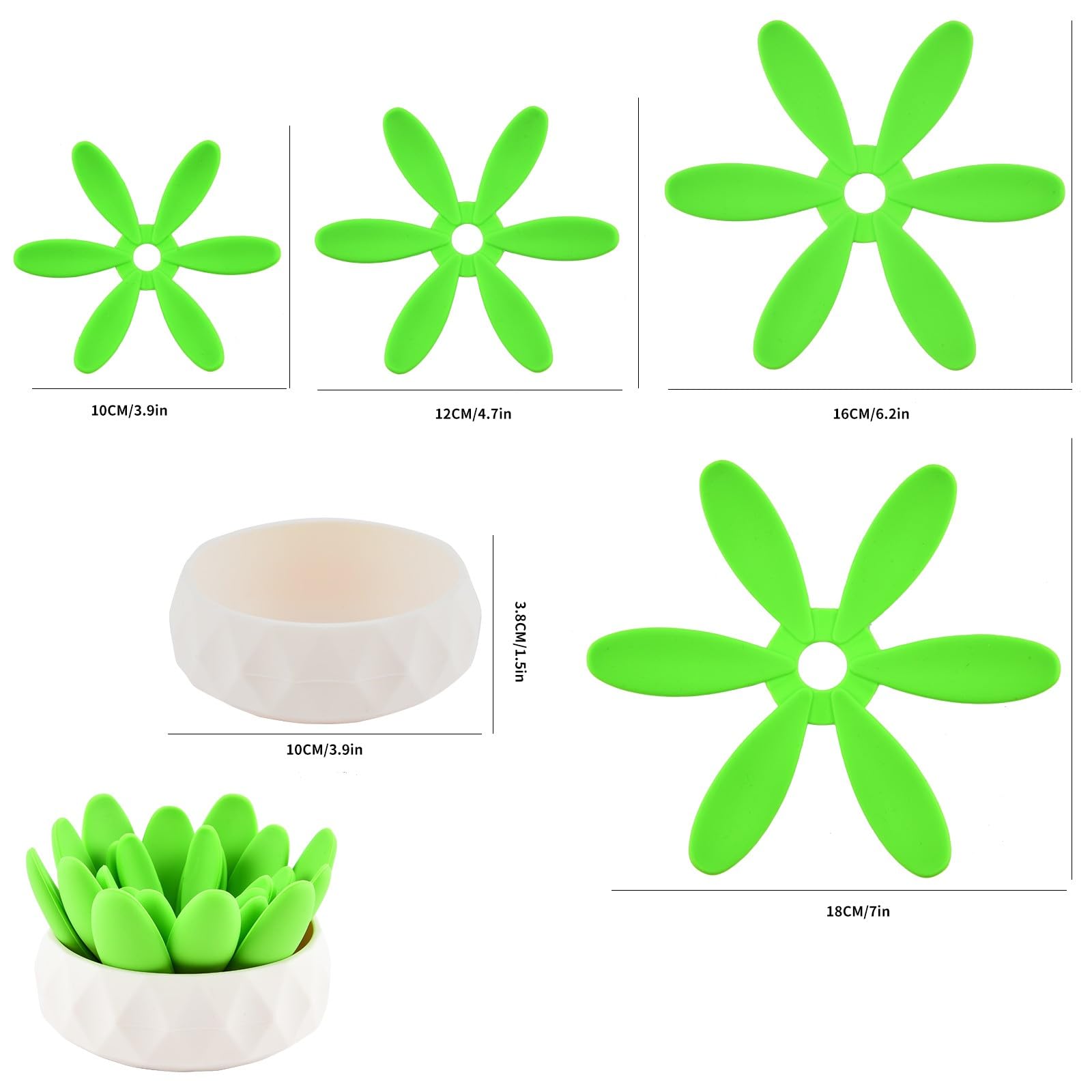 5pcs/Set Succulent Shaped Coasters-Silicone Trivets for Hot Pots and Pans, 4 Heat-Resistant Coasters with Silicone Holder, Suitable for Countertop Decoration, Party,Kitchen & Dining Decoration(Green)