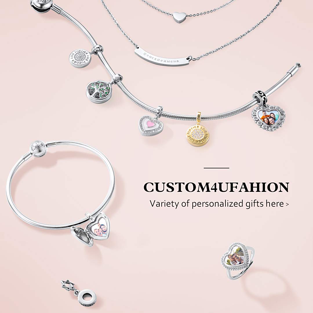 Custom4U Charme Or avec Photo Personnalisé Charm Coeur Argent 925 pour Bracelet Bijoux Personnalisable Cadeau Anniversaire pour Femme Maman