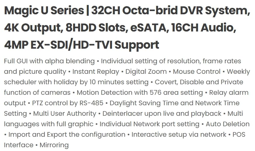 Eyemax 3R Magic Viewer Magic U Series 32CH 4K CCTV DVR System HD-SDI, EX-SDI, HD-TVI, HD-AHD, HD-CVI, 960H -No HDD-