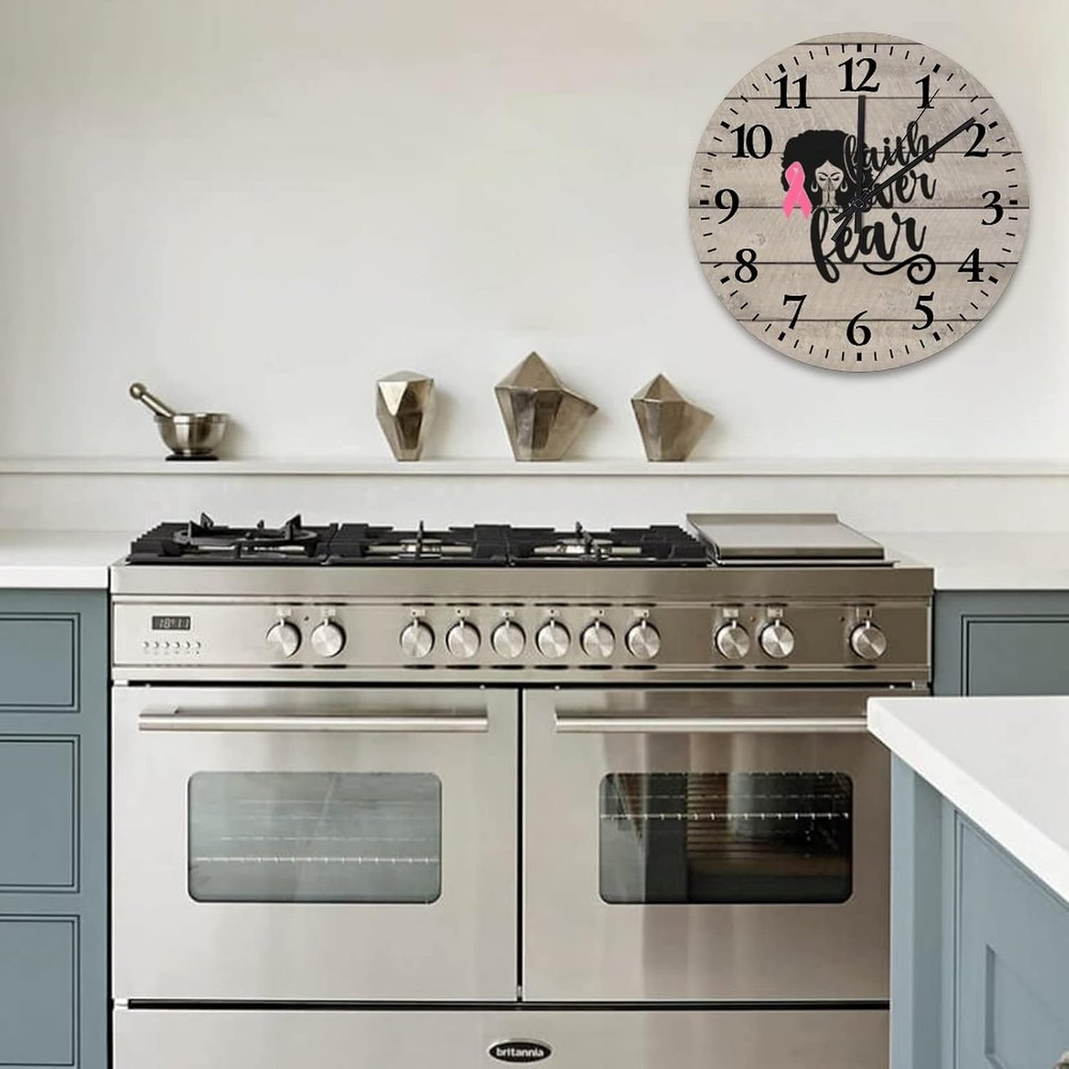 Wall Clock Breast Cancer Faith Over Fear Kitchen Wall Clock Quality Quartz Non Ticking Arabic Numbers Breast Cancer Awareness Month Pink Ribbon Round Clock for Living Room 15 Inch