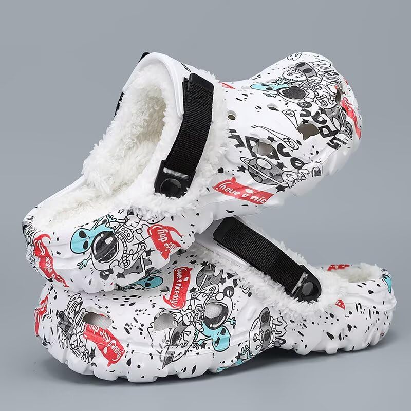 Image of Men's Printed Fuzzy Lined Clogs Winter Slip On Shoes | Warm Plush Lined Clog Shoes with Graphic Design, Lightweight Closed Toe Casual Footwear for Indoor Outdoor Wear