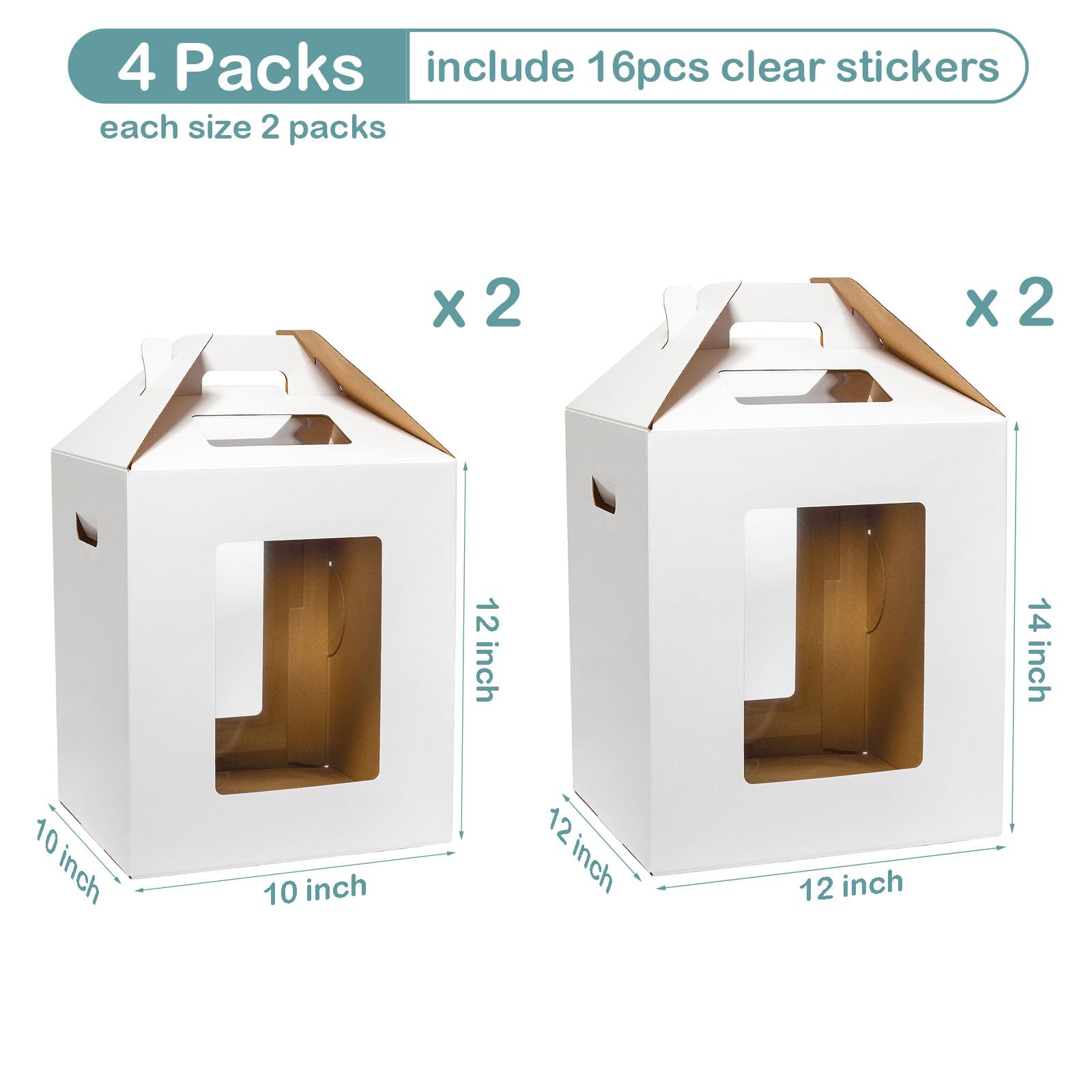 Wowxyz Paquete de 4 cajas altas de 2 tamaños para pasteles de nivel de 10 x 10 x 12 pulgadas y 12 x 12 x 14 pulgadas, desechables, con ventana, contenedores de transporte de panadería con asa para