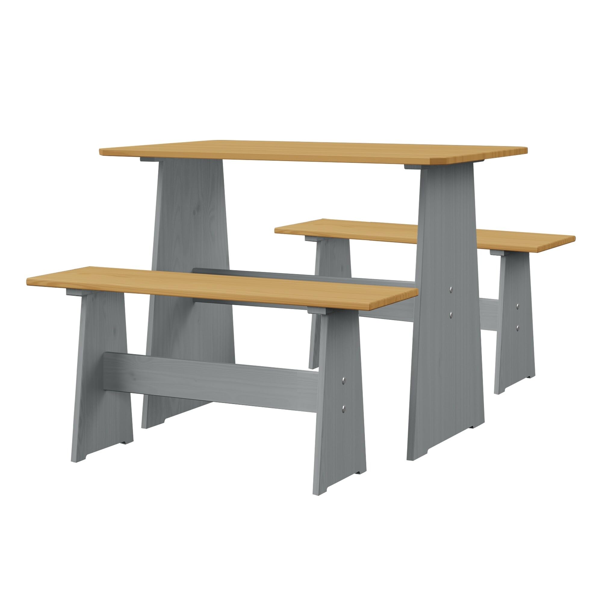 Urban Home Furniture Chapman 3 Piece Casual Dining 2-Tone Natural/Grey Solid Pine Wood Kitchen Table Set with 2 Benches, Kitchen Dining Set