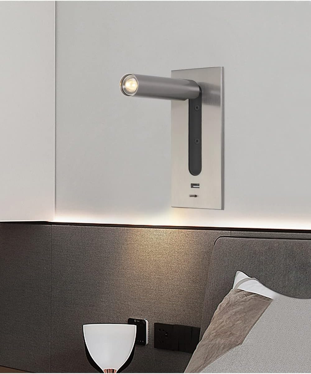 Modern LED Bedside Reading Lamp with USB Port and Fast Charging Adjustable Wall Mounted Reading Light in Warm White 3000k 5V 2.1A Black