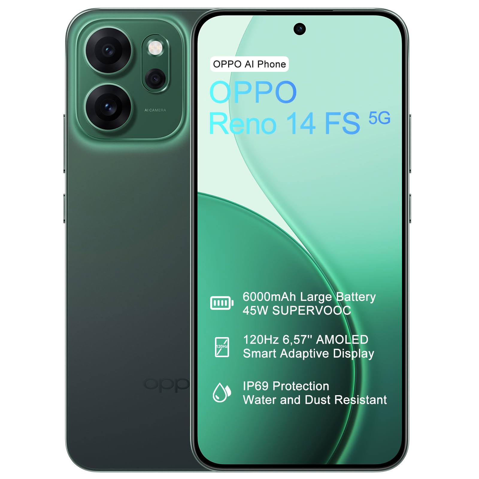 OPPO Reno14 FS 5G 12+512GB Smartphone, IA Android Telefono, Schermo AMOLED 6,57" a 120Hz, Fotocamera AI 50MP, Batteria 6000mAh, SUPERVOOC 45W, Snapdragon 6 Gen 1, IP69, Video 4K, NFC, Dual SIM, Verde