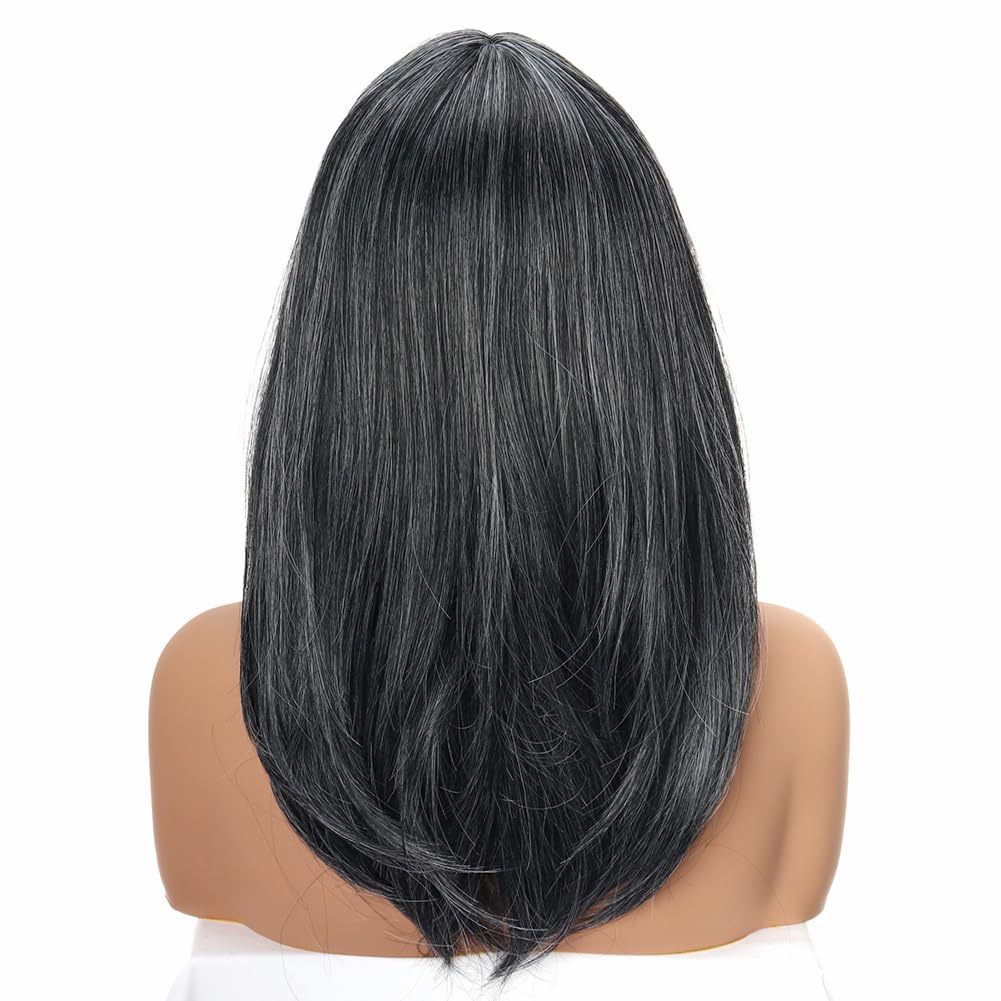 PORSMEER Medium Long Black Mix Silver Hair Wigs for Women Ladies Gray Bob Wigs with Fringe Natural Straight Synthetic Hair Wig 16 Inches,Everyday or Party - Image 2