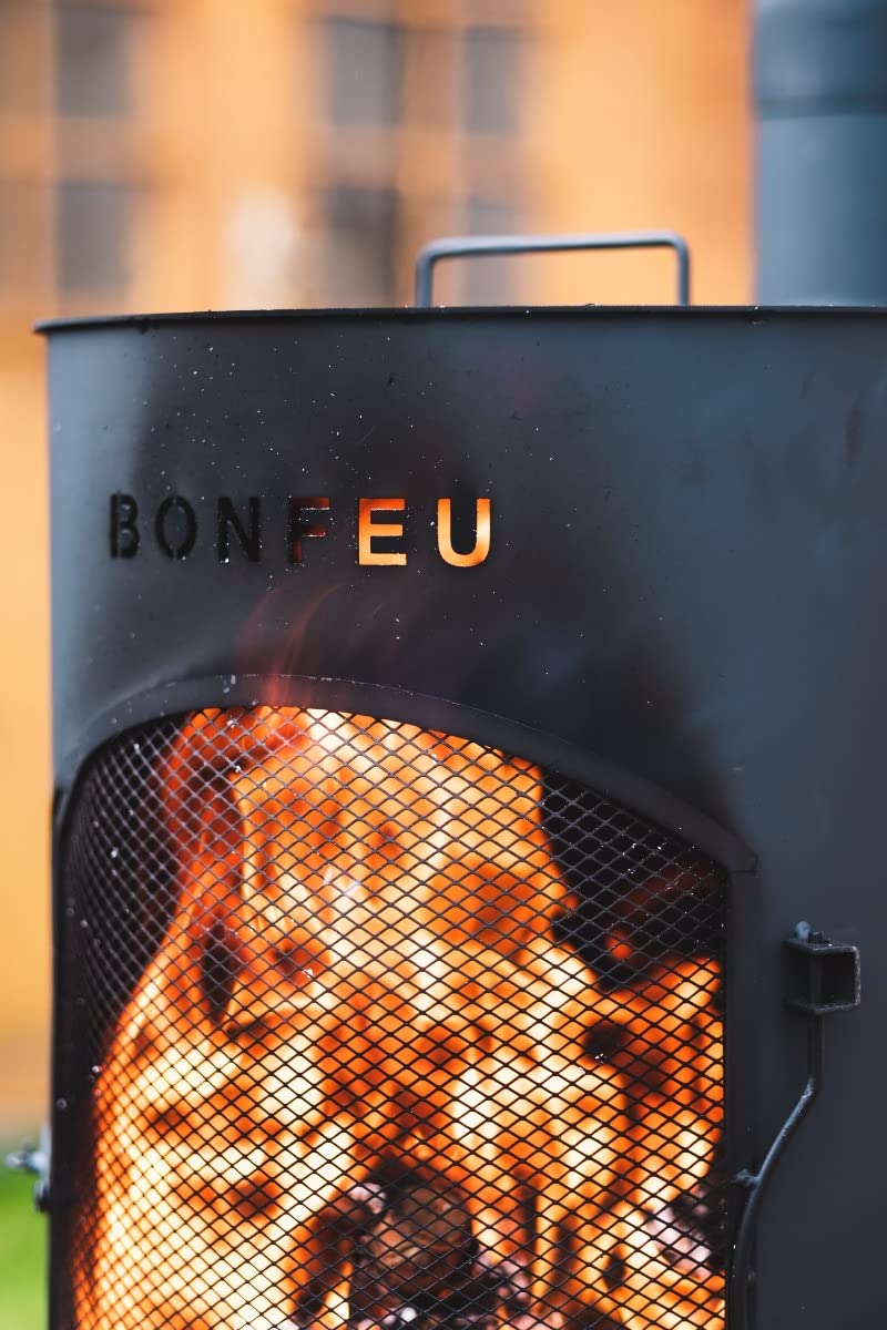 BonFeu BonTino LP Schwarz - Terrassenofen - Feuerstelle mit Funkenschutz für entspannte Abende - Feuersäule Outdoor - Terrassenkamin mit Grillrost - Gartenofen hochwertigem Cortenstahl - 35x35x153cm