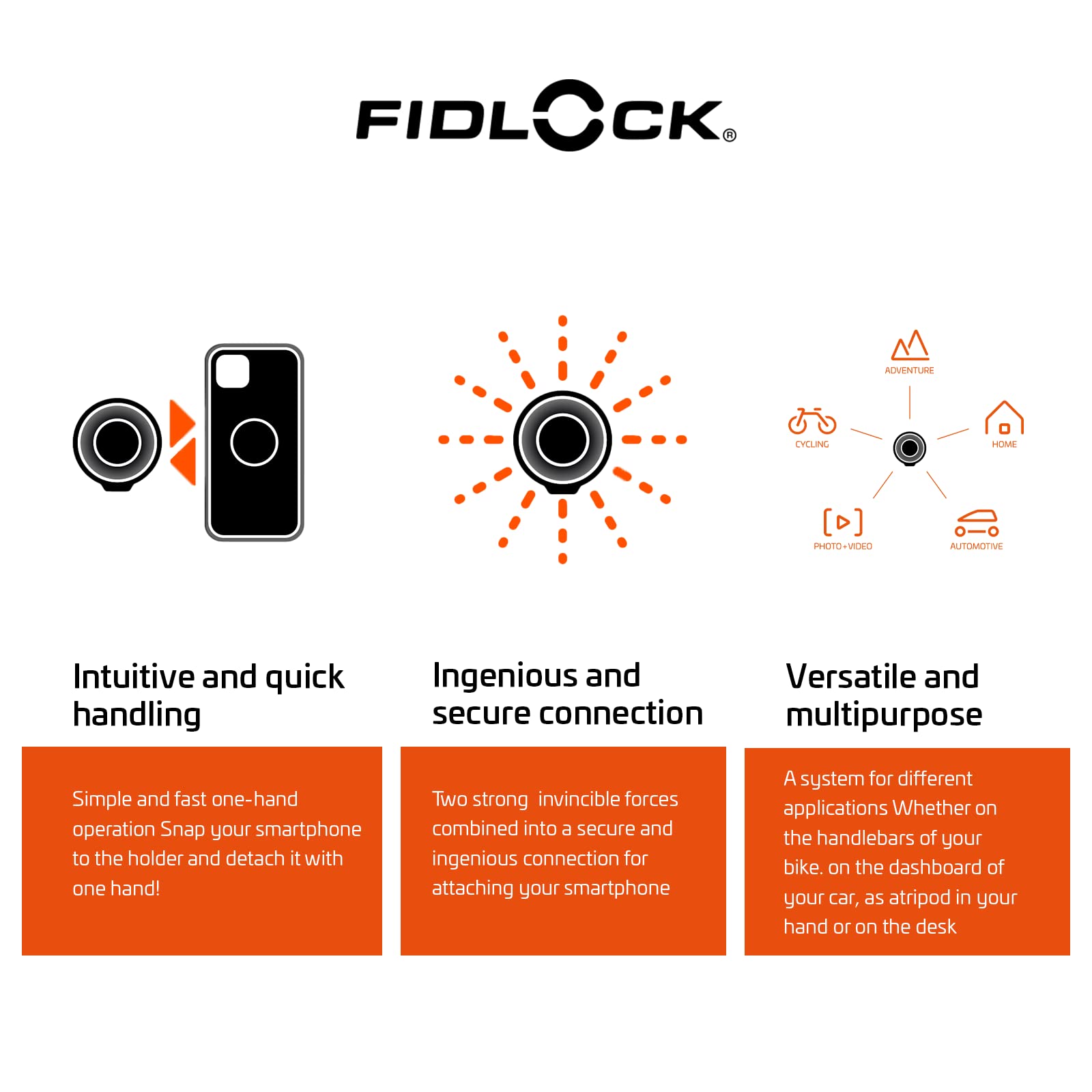 Fidlock Support de téléphone portable vélo iPhone Samsung iPhone 11 Pro iPhone 11 Pro Max iPhone 8/SE2 Galaxy S20 Galaxy S20+ Galaxy S20 Ultra