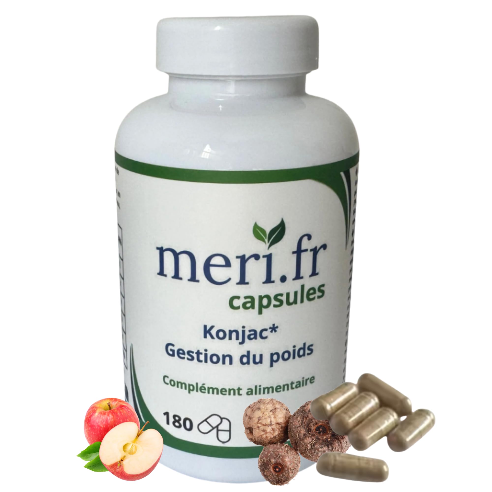 Meri.fr Capsules - NOUVEAU - Konjac Gestion du Poids, Glucomannane, Pectine, Psyllium, Nopal, Chrome, Choline, 180 Gélules