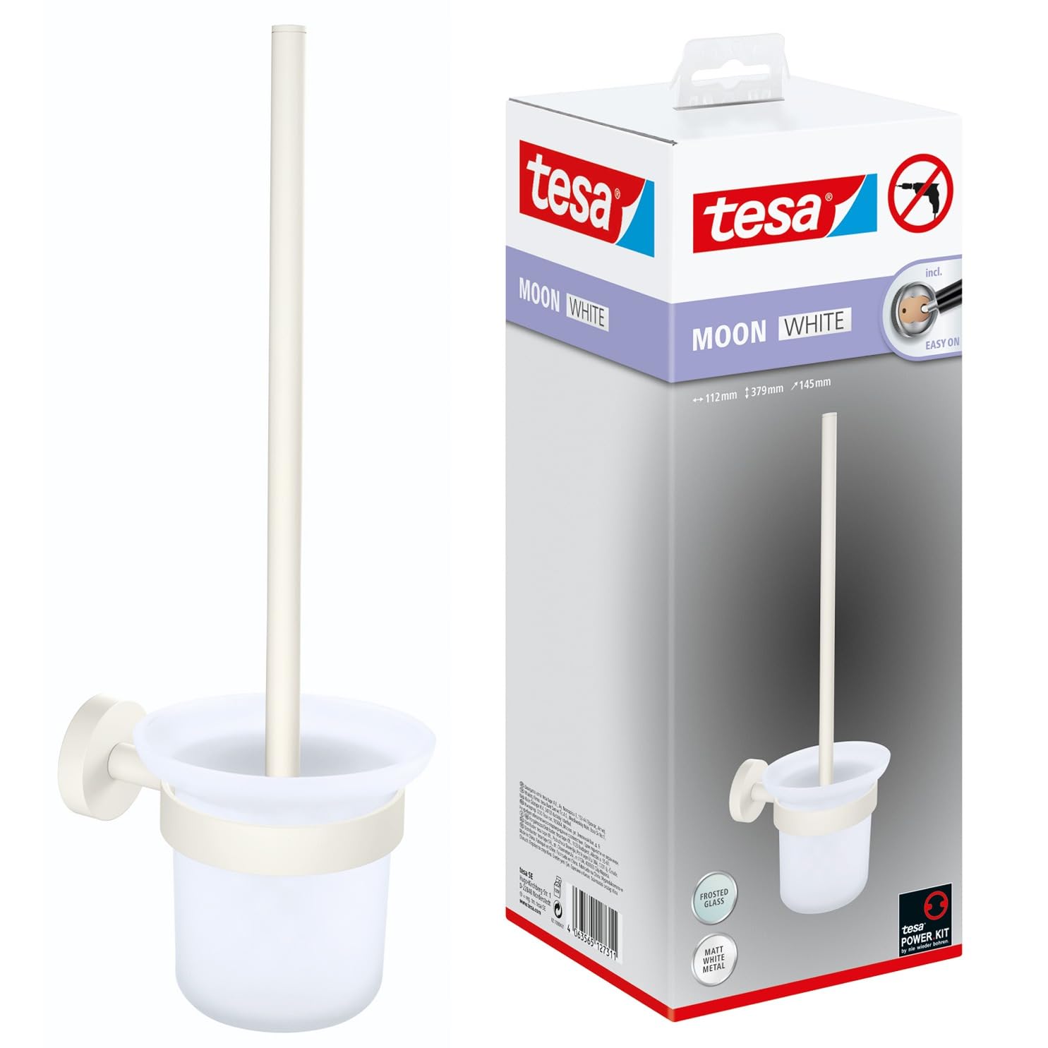 tesa® Moon White Escobillero de Baño - Juego de Escobillero y Vaso de Cristal Satinado de Estilo Moderno - Sin Taladro - 379 mm x 112 mm x 145 mm - Blanco Mate